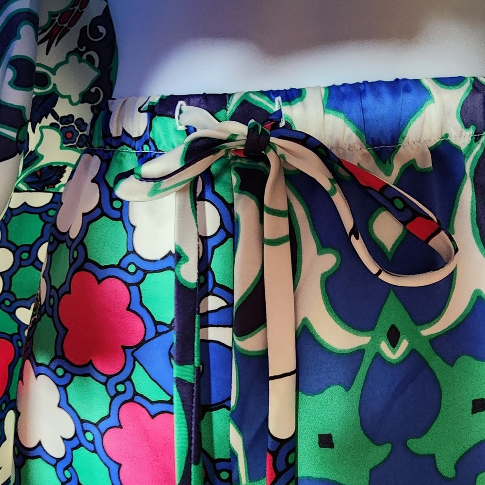 Natori Satin Pajama Set L Blue Pink Morrocan Tile Kimono Top Lounge Pants Resort - Picture 9 of 16